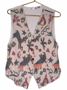 Vintage 90s Fun Southwestern Animal Design Vest in Cream, Teal, Rust